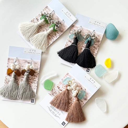 琵琶湖グラス つぶつぶタッセルピアス 4種