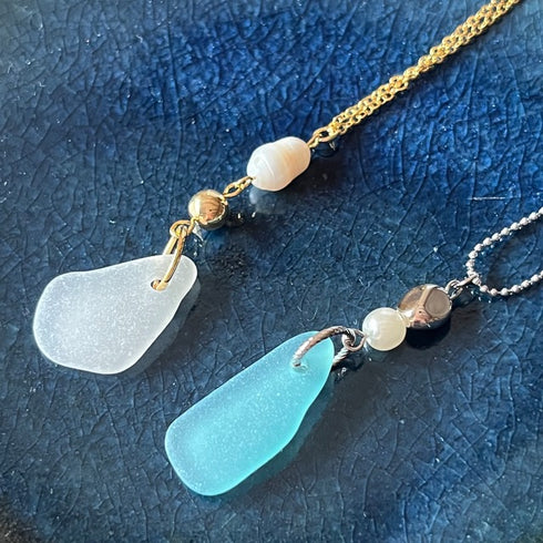 琵琶湖グラス シンプルネックレス ブルー/ホワイト 各種