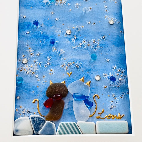 琵琶湖グラスアート【夜空のデート】ビーチグラス シーグラスアート 壁掛け