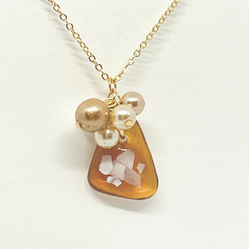 琵琶湖グラス シェル&つぶつぶフェイクパールのつやつやネックレス