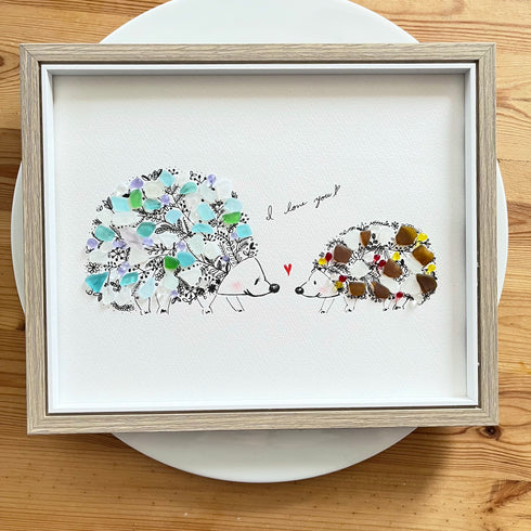 【ハリネズミの親子】シーグラスアートフレーム ハンドメイド インテリア壁飾り