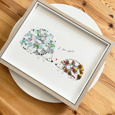 【ハリネズミの親子】シーグラスアートフレーム ハンドメイド インテリア壁飾り