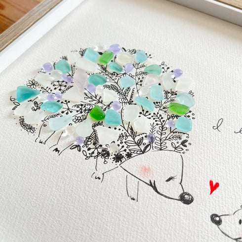 【ハリネズミの親子】シーグラスアートフレーム ハンドメイド インテリア壁飾り