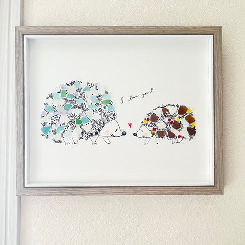 【ハリネズミの親子】シーグラスアートフレーム ハンドメイド インテリア壁飾り