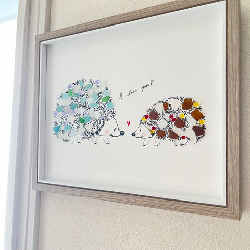 【ハリネズミの親子】シーグラスアートフレーム ハンドメイド インテリア壁飾り