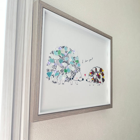 【ハリネズミの親子】シーグラスアートフレーム ハンドメイド インテリア壁飾り